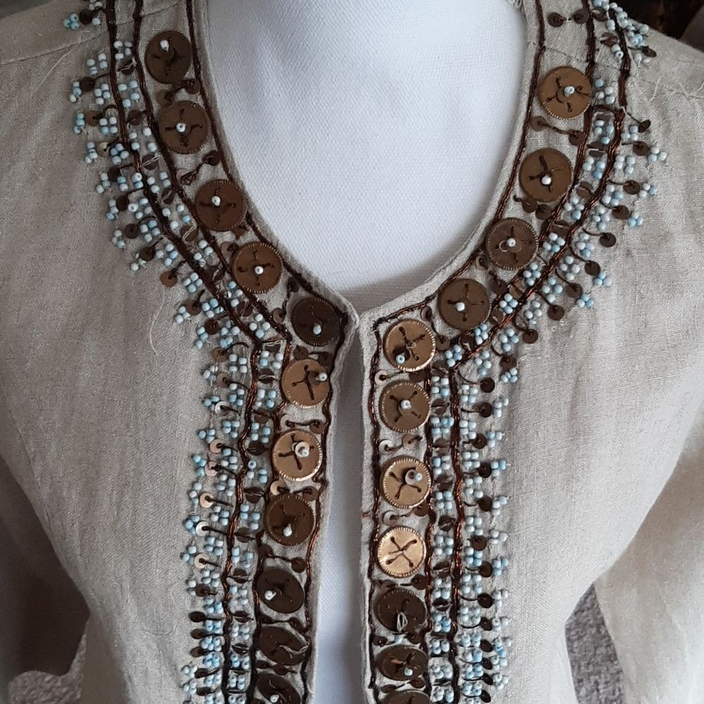 Chico's tan Linen jacket with turqoise beads and copper tacking - Picture 4 of 8